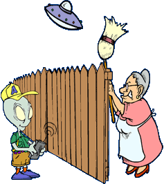 funny cartoon of Martian playing trick on neighbor by flying toy spaceship over the fence that separates their yards; old woman is swatting at it with a broom