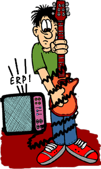 funny cartoon of young man trying to play electric guitar but has gotten tangled up in wire to amp