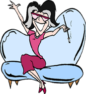 cartoon image of a Jewish looking woman on director's couch, excited with her arms in the air