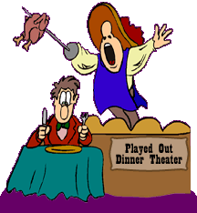 funny cartoon of dinner theatre scene - diner looks perplexed because actor dressed in Musketeer outfit has skewered the diner's chicken with his sword