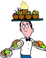 funny cartoon of waiter loaded up with food plates on his arms with a platter of stuff on his head