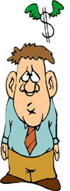 cartoon image of perplexed-looking former gambler with winged dollar sign over his head