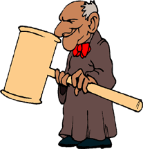 funny cartoon of mean-looking judge with huge gavel