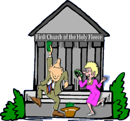 funny cartoon of man and woman dancing in front of a church whose marquis say First Church of the Holy Fleece