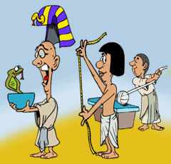 funny cartoon of pharaoh about to get bit by an asp; tailor is already measuring him for a mummy suit