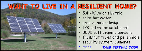 image of solar panels against backdrop of mountain - WANT TO LIVE IN A RESILIENT HOME? 5.4 kW solar electric; solar hot water; passive solar design; 12K gal water catchment; 8500 sqft organic gardens; fruit/nut trees and perennials; security system, cameras; more ... click to take virtual tour
