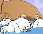 funny video on ice sheets melting link; thumb of two cavemen in water with dead polar bears
