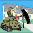 cartoon graphic of guy in tank, front part of tank is like an oil derrick