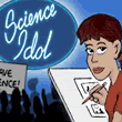 graphic of woman scientist with neon banner in background that says Science Idol in font like American Idol