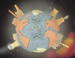 funny earth animation link; thumb of cartoon image of earth with face and buildings and smoke