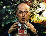 posterized image of Hank Paulson amidst a storm of dollar bills