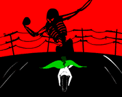 graphic image of motorcycle rider heading toward big black skeleton against red sky; click to go to animation page; opens in new window