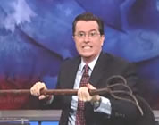 Stephen Colbert with a pitchfork