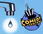 funny water supply video link; thumb of water drop dripping from a tap plus comedy central logo