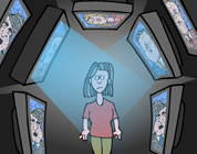 graphic of woman surrounded by television screens; link for funny animation/video page; opens in new window