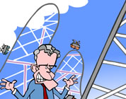 cartoon image of George W. Bush standing in front of a roller coaster; click to go to animation page at external site; opens in new window