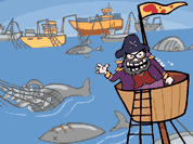 graphic of pirate captain in whaling scene; link for funny animations; opens in new window