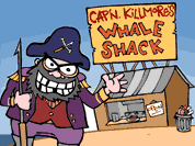 image of pirate-style captain next to whale-burger joint; click to see flash cartoon
