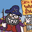 image of pirate-style captain next to whale-burger joint