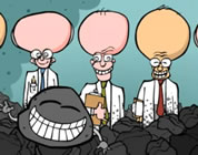 funny clean coal video link; thumb of clean coal mascot with three brainy scientists in background