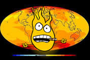 cartoon character Flamey McGassy against a backdrop of the earth in yellow, orange and red tones; link for funny animation; opens in new window