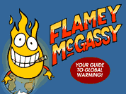 Graphic image of animated flame, Flamey McGassy, your guide to global warming