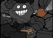 animated chunk of coal with flashlight in cave-in; link for funny eco animation page; opens in new window
