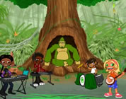 cartoon image of friendly gorilla in hollow tree; kids in foreground are playing like a band; click to go to animation page at external site; opens in new window