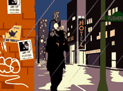 graphic of shadowy man in trenchcoat at night on rainy city street; click to go to animation page; opens in new window