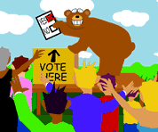 cartoon image of bear showing off his ballot to the cheering crowd