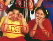 photo of to kids making faces, text 'ADHD' is superimposed; click to go to video page; opens in new window