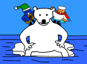 hippoworks cartoon image; hippo and penguin with polar bear on small iceberg in ocean; click for animated cartoon