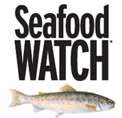 picture of fish, words Seafood Watch; link for fish guide page; opens in new window