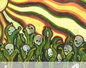 funny Monsanto video link; thumb of impressionistic painting of corn stalks growing with skulls at the top