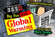 funny global warming skeptic video link; thumb of cartoon character reading newspaper on city street corner