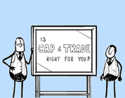 funny global warming video link; thumb of two men at white board that says 'Is cap and trade right for you?'