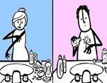 chemicals in cosmetics video link; split graphic of man and woman at bathroom sink using personal care products