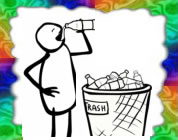 funny bottled water video link; thumb of stick figure drinking from a plastic water bottle standing by a trash can overflowing with discarded water bottles