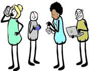 good electronic waste video link; thumb of cartoon people using mobile electronics devices