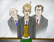 funny banker video link; thumb of three down-and-out bankers looking longingly at champagne bottle
