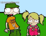 graphic image of boy and girl in green field; link for funny animation/video; opens in new window