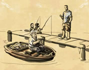 The Good Life video link; thumb of man on dock looking at other man in small fishing boat