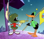 image for cartoon image of marvin martian pointing ray gun at daffy duck; click to view related items on Amazon dot com
