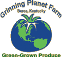 Grinning Planet Farm logo - looks like a planet in the shape of a tomato - says Green Grown Produce, Berea, KY